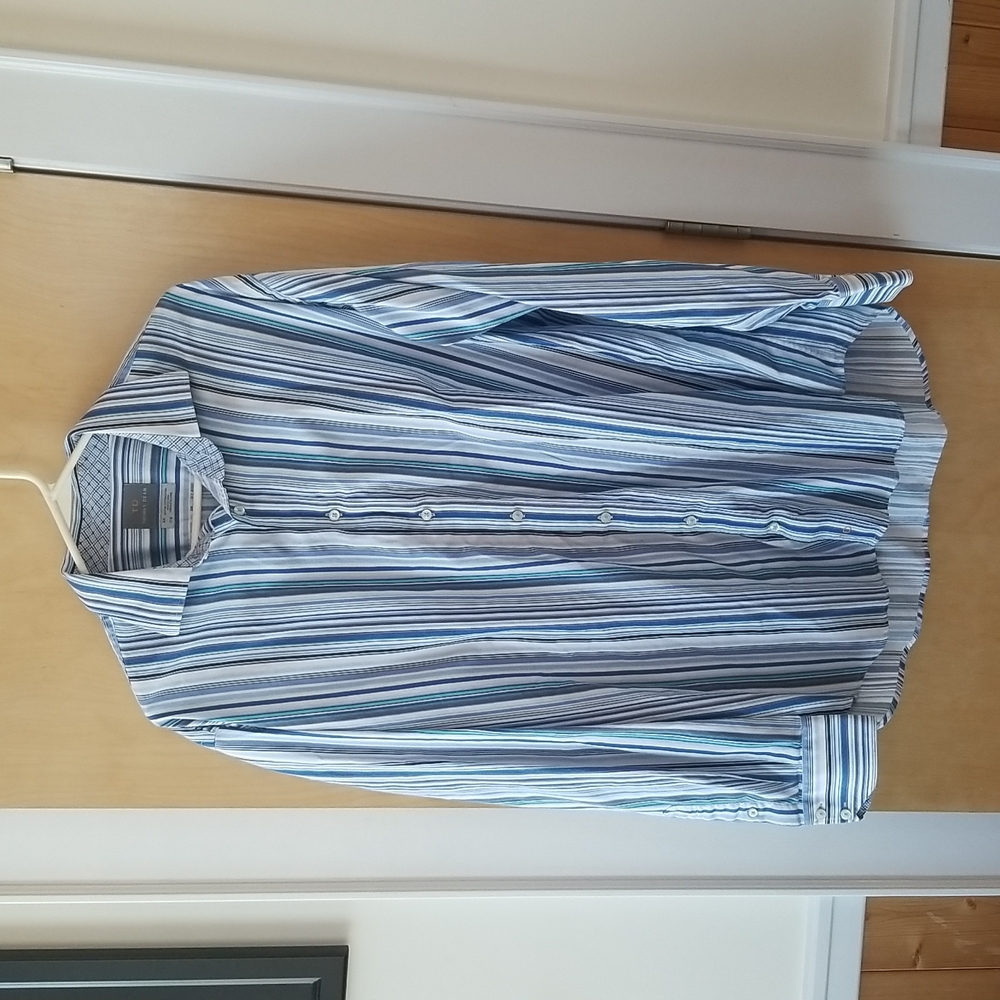 Mens Thomas Dean 2X Blue Stripe 100% Pima Cotton Long Sleeve Button Shirt Collar